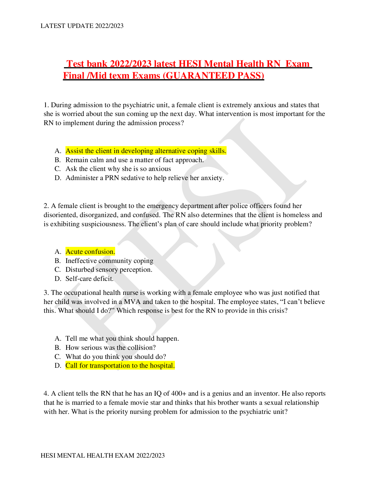 Preview image for Test bank 2022/2023 latest HESI Mental Health RN  Exam Final /Mid texm Exams (GUARANTEED PASS)